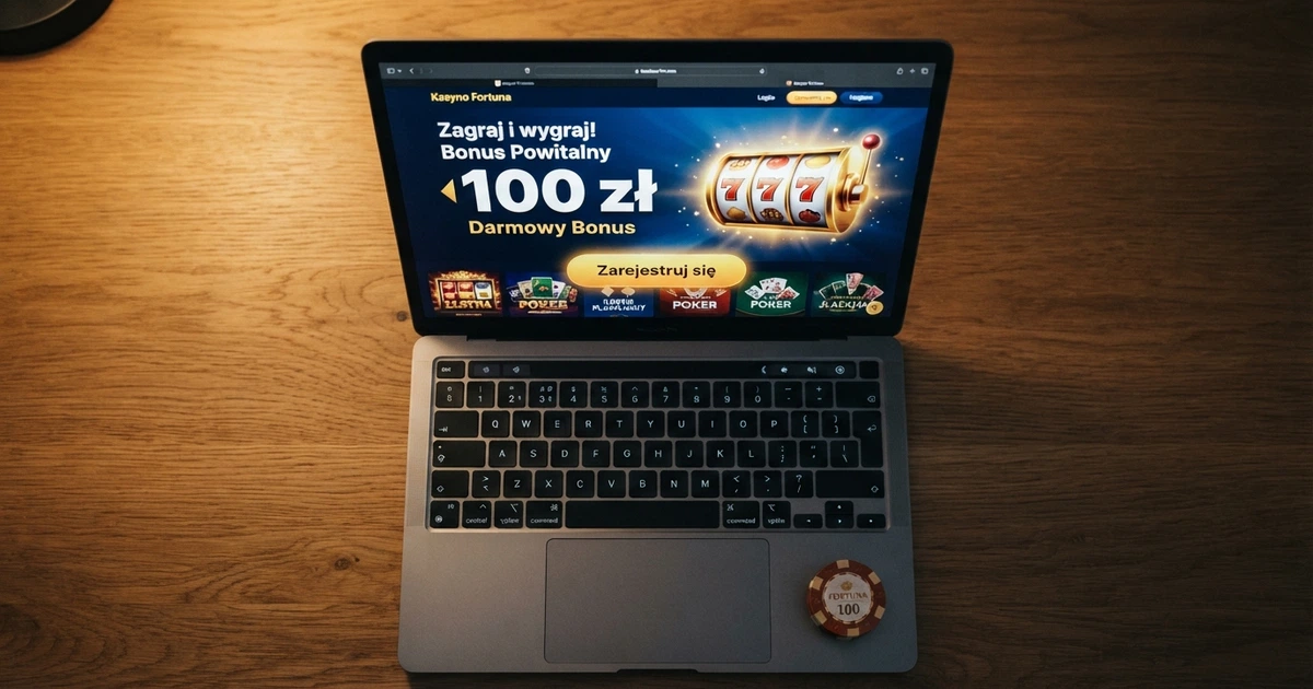 Strona główna kasyna online z widocznym banerem „100 zł bez depozytu” i przyciskiem rejestracji na ekranie laptopa
