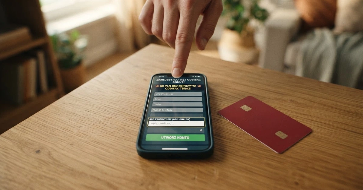 Zbliżenie na ekran smartfona wyświetlający stronę rejestracji kasyna online z widocznym polem na kod promocyjny i komunikatem o bonusie bez depozytu, obok leży polski dowód osobisty