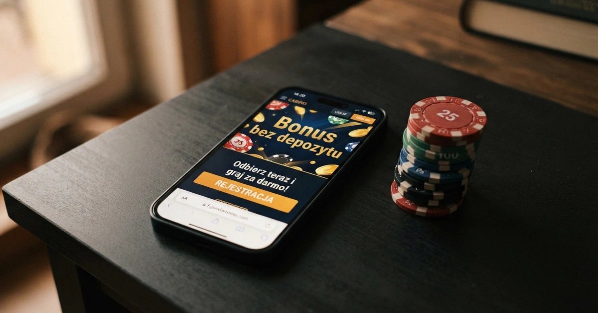 Ekran powitalny kasyna online z widocznym banerem promocyjnym „Bonus bez depozytu” i przyciskiem rejestracji