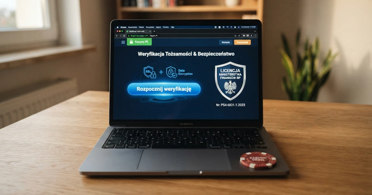 Interfejs kasyna online z widoczną ikoną kłódki SSL, logo licencji i przyciskiem weryfikacji tożsamości na ekranie laptopa