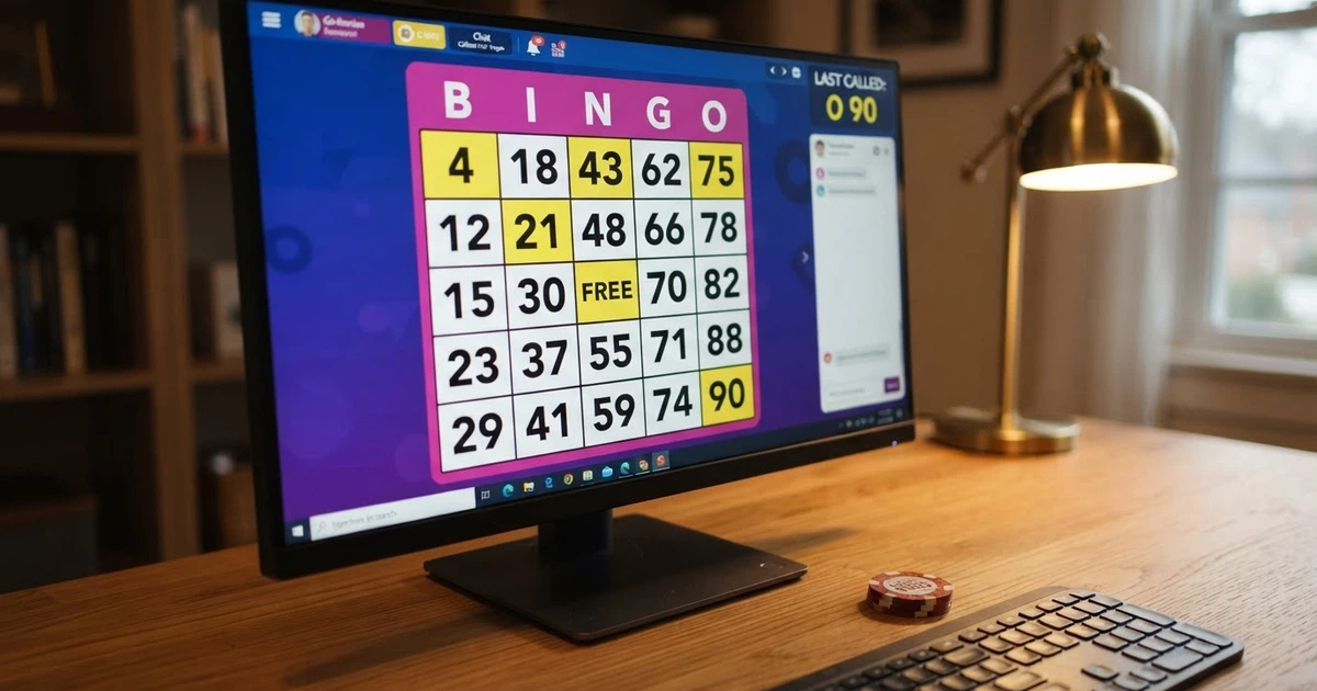 Kolorowa plansza do gry w bingo online z zaznaczonymi numerami i kursorem myszy na ekranie komputera