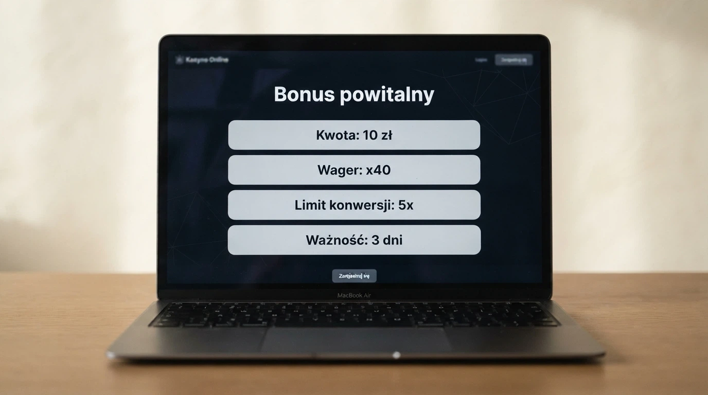 Zbliżenie na warunki bonusu: kwota 10 zł, obok widoczne pola „wager x40”, „limit konwersji”, „ważność 3 dni”