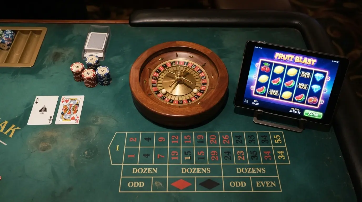 Układ kart blackjacka obok stołu do ruletki i ekranu automatu online, zestawienie trzech gier w jednym kadrze