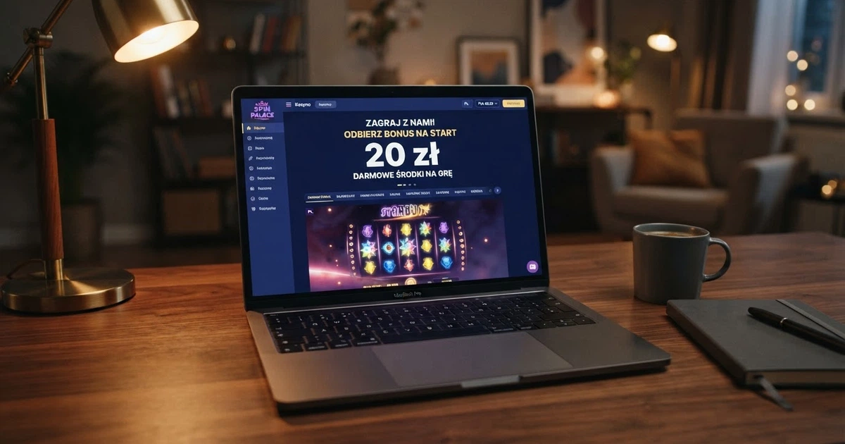 Strona kasyna online wyświetlająca baner bonusu powitalnego z kwotą 20 zł i szczegółami warunków w języku polskim