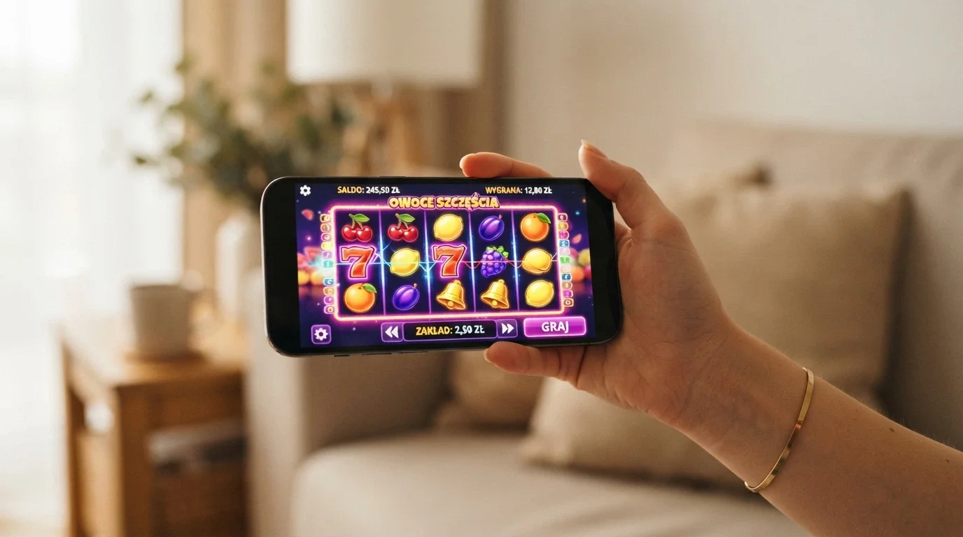 Smartfon trzymany poziomo z otwartym slotem Pragmatic Play na ekranie — interfejs dotykowy z przyciskiem zakręć i widocznym saldem w złotówkach