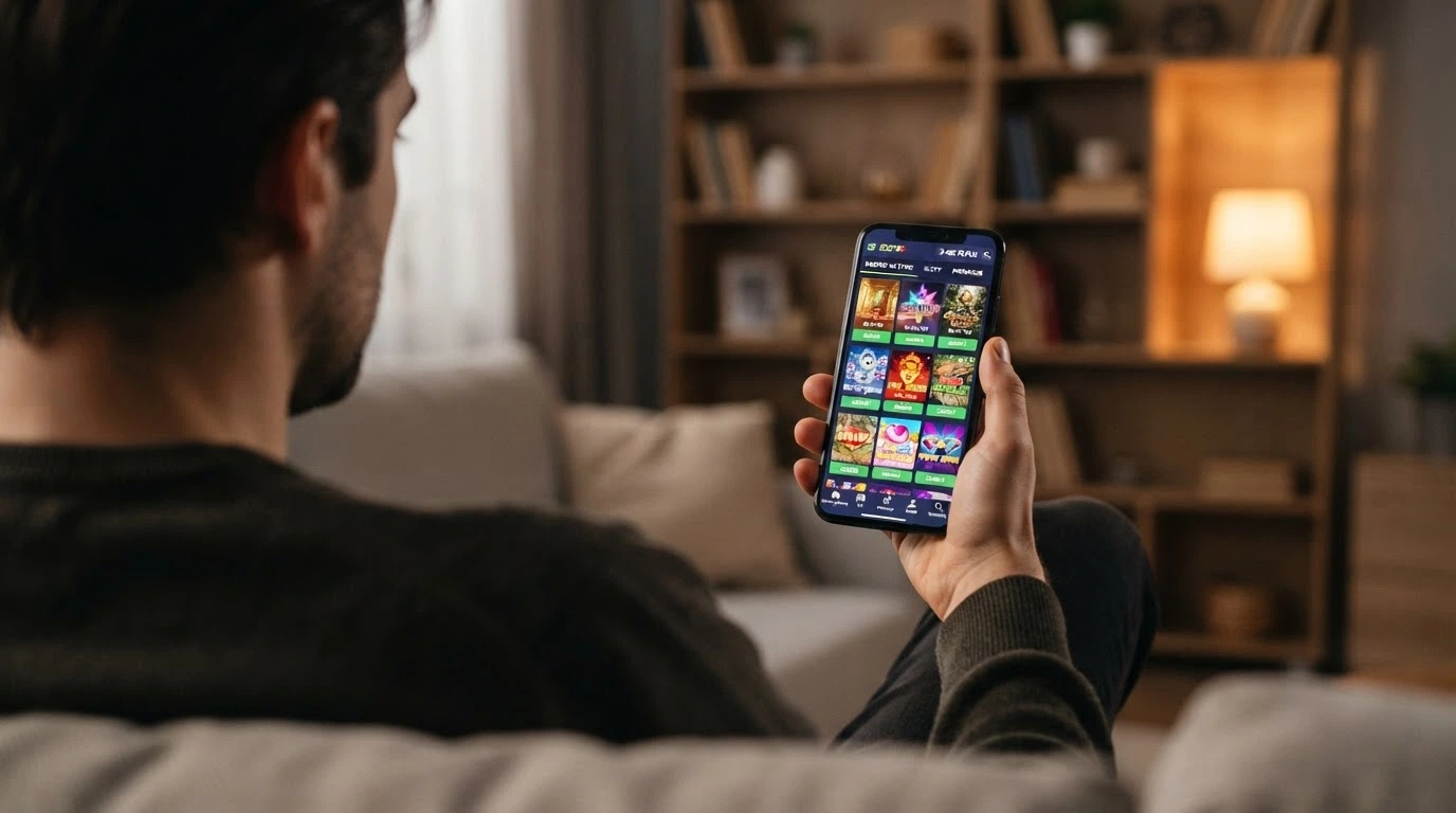 Smartfon trzymany w dłoni z widocznym ekranem kasyna online — automaty i menu gier na wyświetlaczu