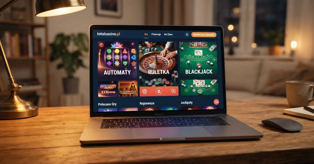 Strona główna kasyna online z widocznymi kategoriami gier na prawdziwe pieniądze — automaty, ruletka i blackjack na ekranie komputera