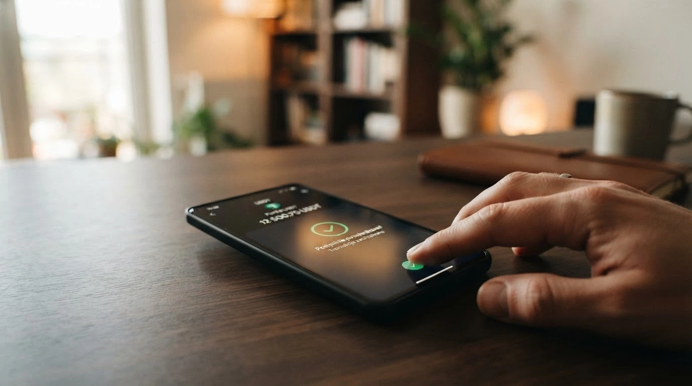 Ekran smartfona z aplikacją portfela kryptowalutowego pokazujący transakcję USDT
