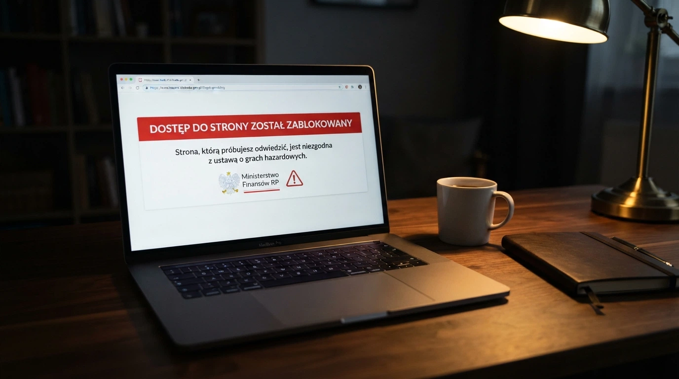 Dokument urzędowy z pieczęcią Ministerstwa Finansów obok ekranu komputera z komunikatem ostrzegawczym o nielegalnym hazardzie