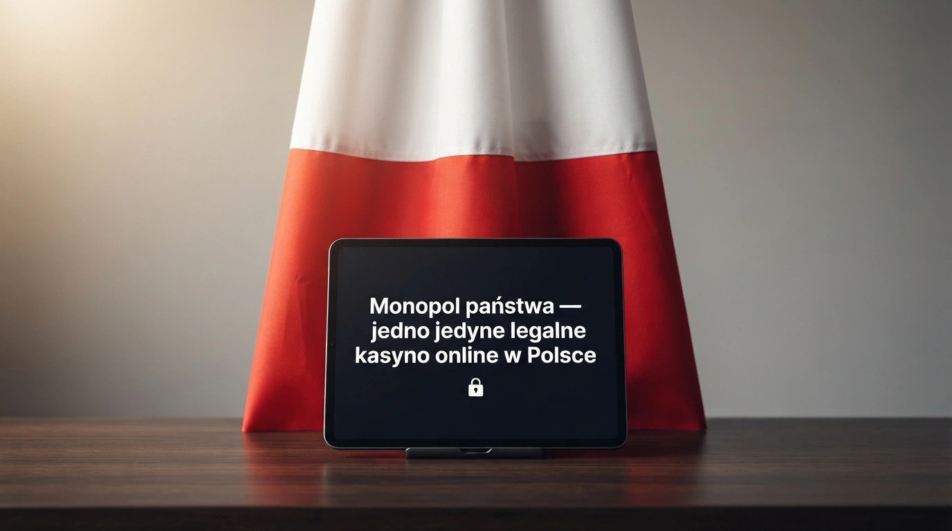 Flaga Polski na tle ekranu z informacją „Monopol państwa — Total Casino to jedyne legalne kasyno online w Polsce”
