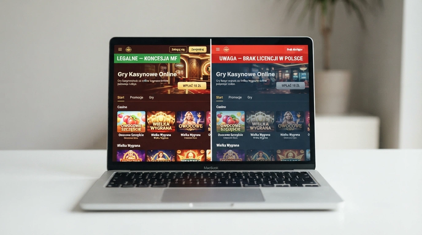 Podział ekranu: z lewej strona Total Casino z oznaczeniem „legalne — koncesja MF”, z prawej strona offshore z komunikatem ostrzegawczym