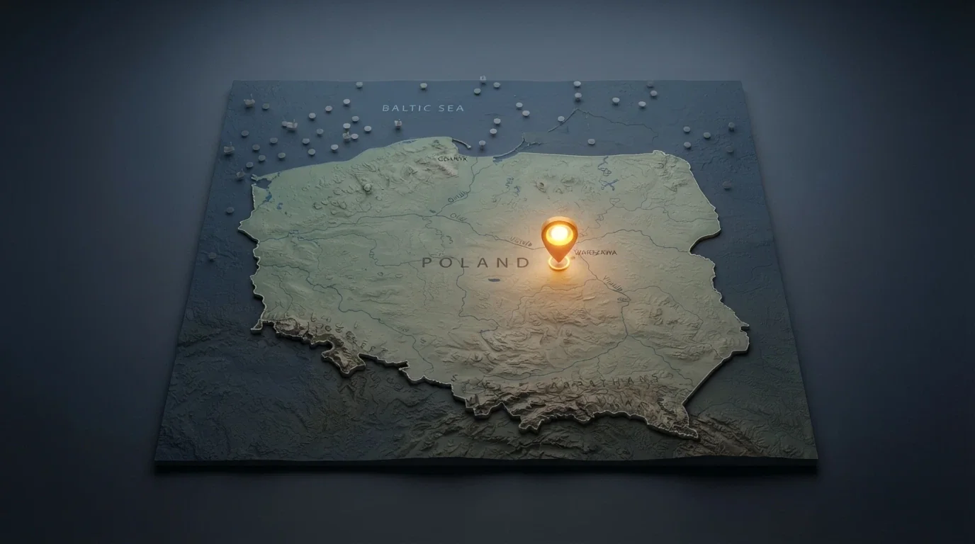 Mapa Polski z jednym podświetlonym punktem oznaczającym Total Casino i rozproszonymi szarymi punktami symbolizującymi operatorów offshore