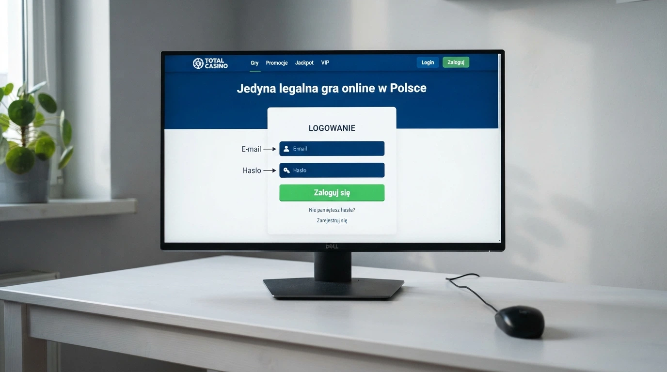 Ekran logowania Total Casino na monitorze z widocznym logo Totalizatora Sportowego i komunikatem „Jedyna legalna gra online w Polsce”