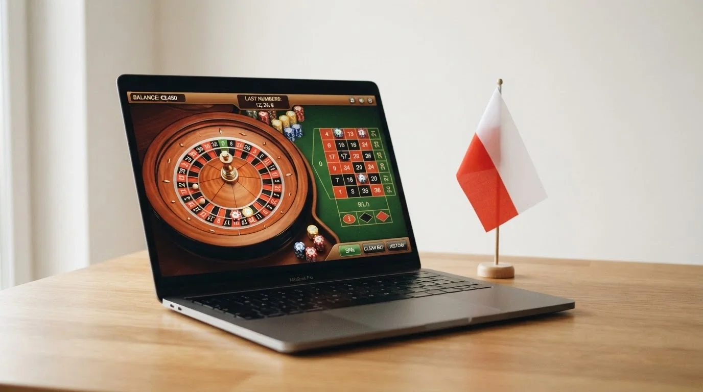 Ekran laptopa wyświetlający stronę kasyna online, obok dokument z pieczęcią urzędową i polską flagą