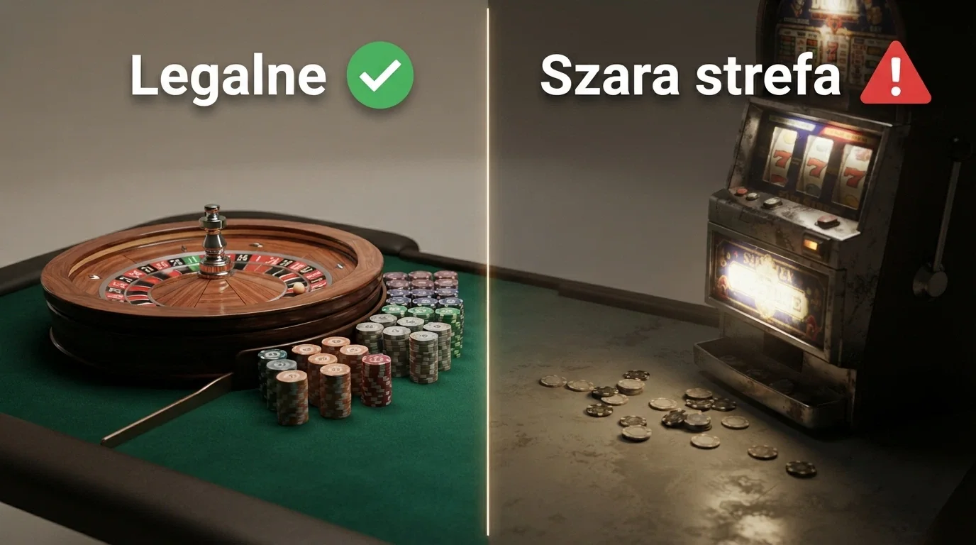 Wizualny podział: z lewej Total Casino z oznaczeniem „legalne”, z prawej kasyna offshore z ostrzeżeniem „szara strefa”