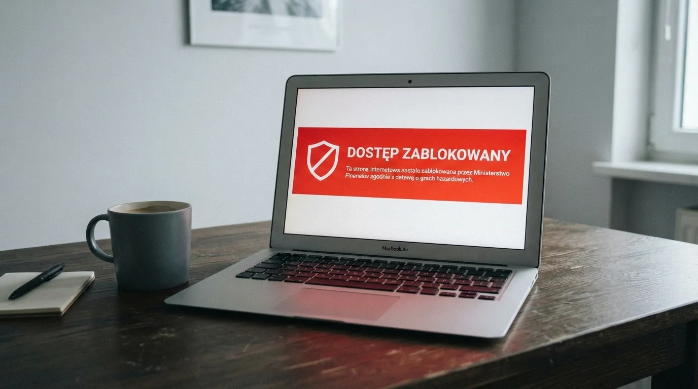 Dokument urzędowy z pieczęcią na tle ekranu komputera wyświetlającego ostrzeżenie o nielegalnym hazardzie