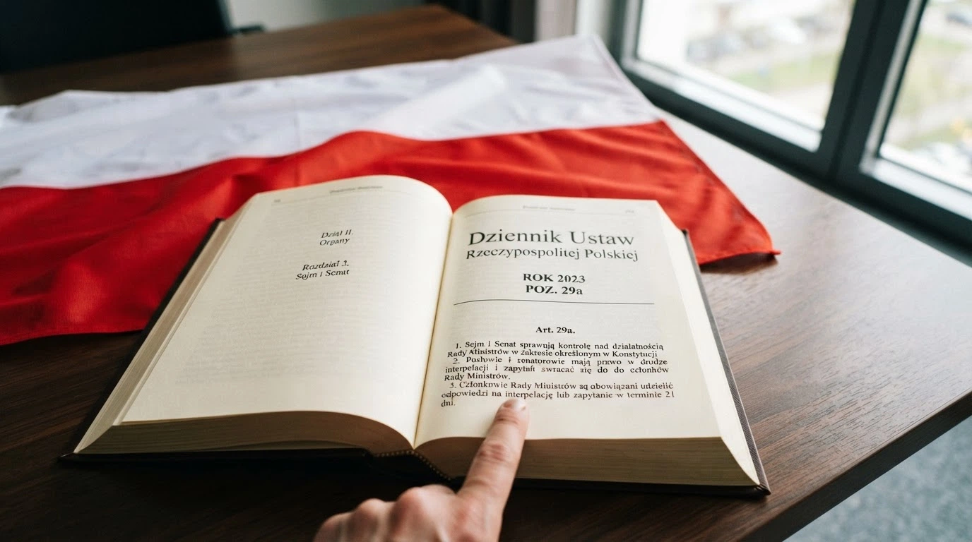 Flaga Polski na tle otwartego Dziennika Ustaw z widocznym art. 29a