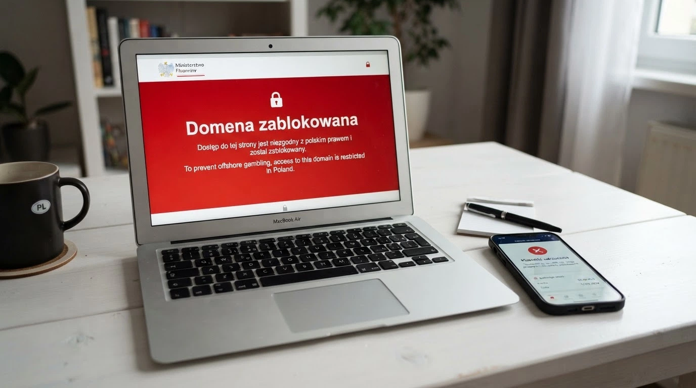 Ekran komunikatu ostrzegawczego Ministerstwa Finansów na monitorze, obok dokument z pieczęcią urzędową i napisem „ustawa o grach hazardowych”