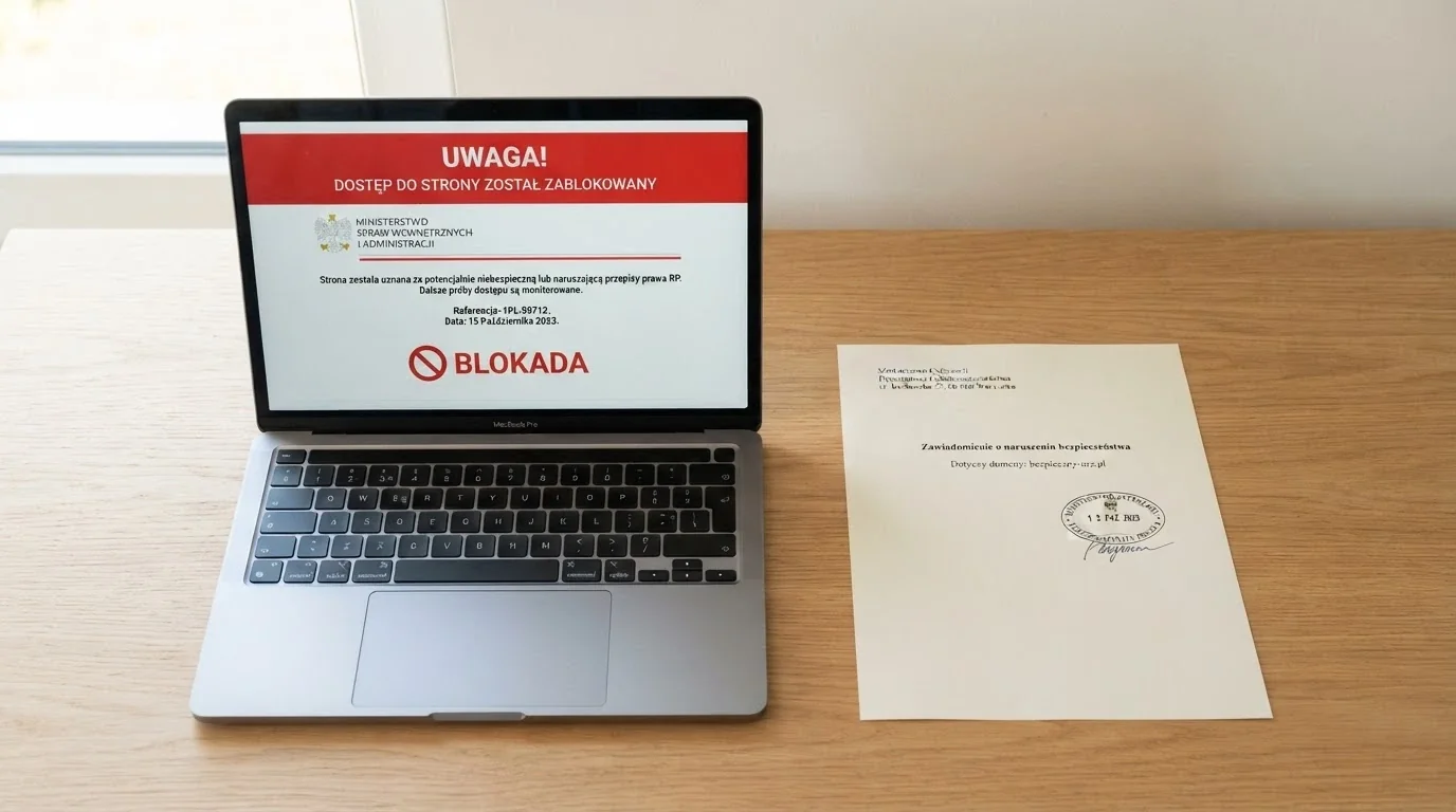 Dokument urzędowy z pieczęcią Ministerstwa Finansów obok ekranu laptopa z otwartą stroną Rejestru Domen i komunikatem o zablokowaniu domeny