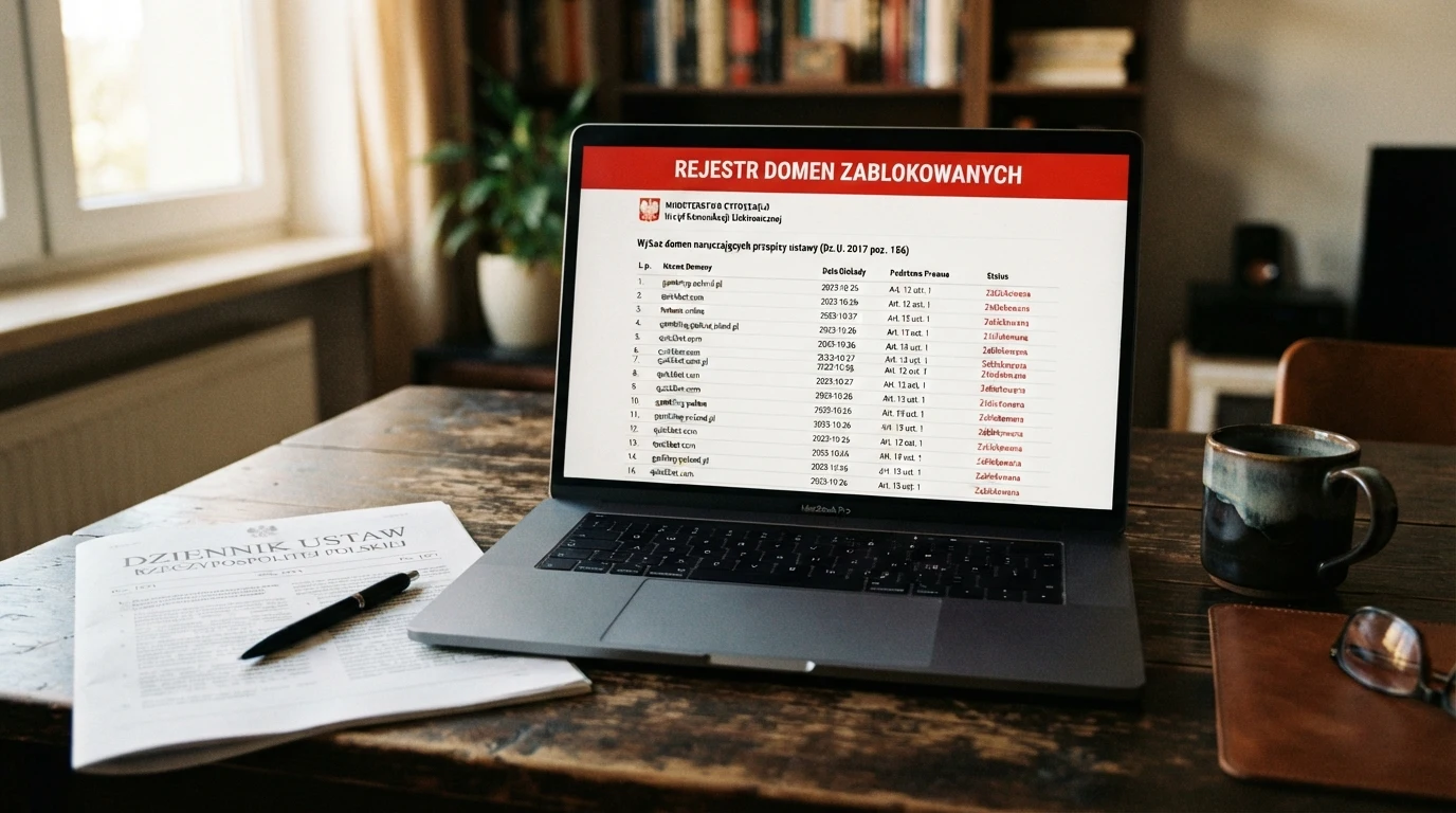 Dokument urzędowy z pieczęcią Ministerstwa Finansów i widocznym tytułem ustawy o grach hazardowych na biurku