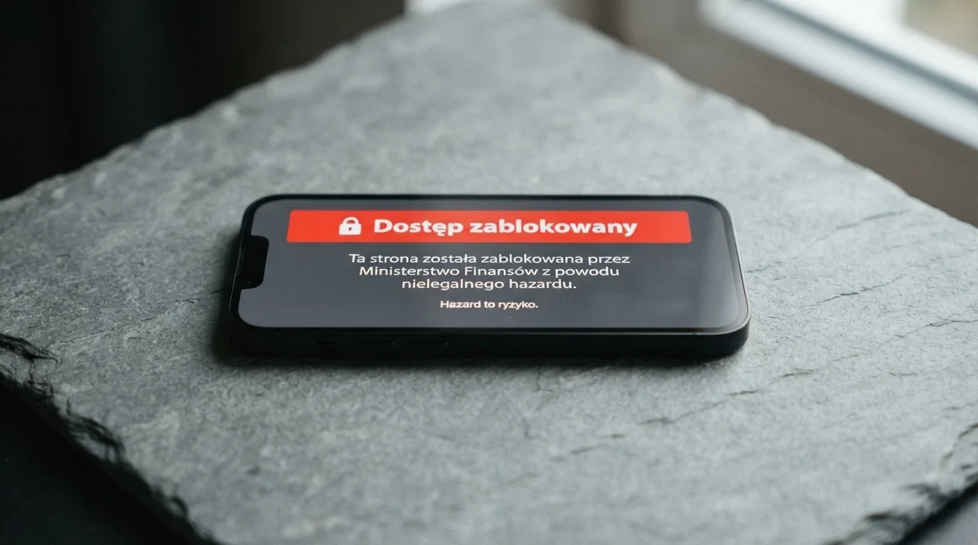 Ekran iPhone z komunikatem ostrzegawczym z logo Ministerstwa Finansów i Rejestru Domen — w tle dokument z pieczęcią urzędową