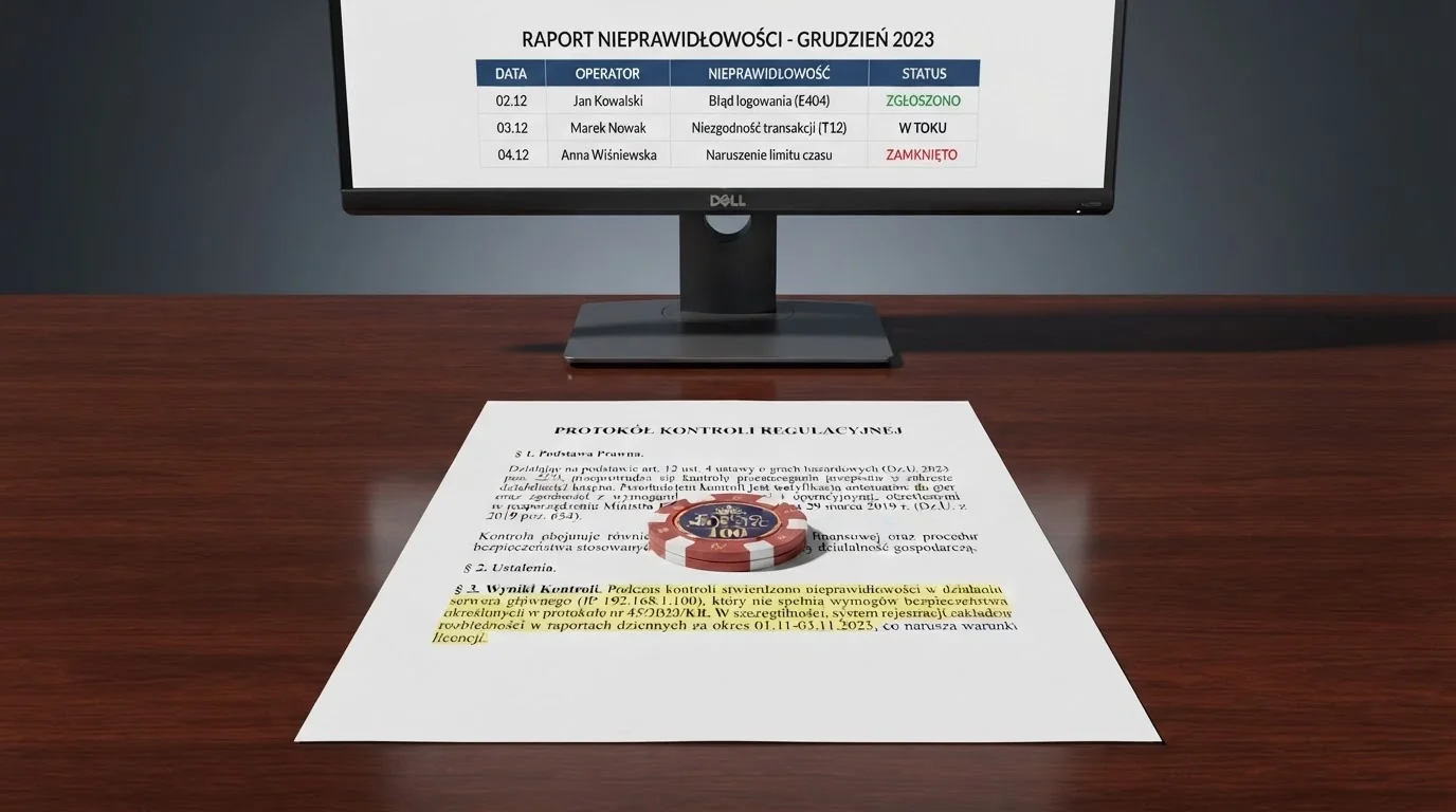 Dokument urzędowy lub pieczęć Ministerstwa Finansów na tle ekranu z tabelą przepisów hazardowych
