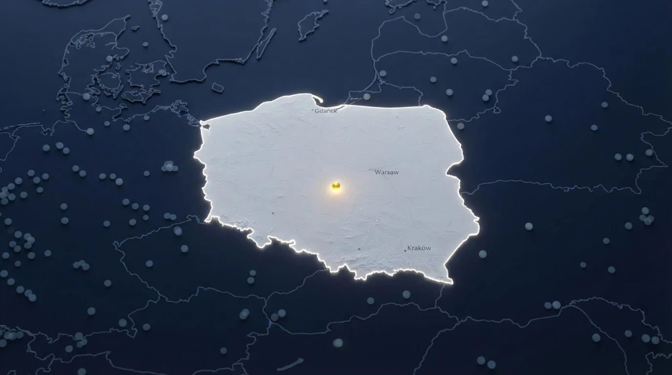 Mapa Polski z jednym podświetlonym punktem oznaczonym jako kasyno legalne (Total Casino) i siecią szarych punktów za granicą symbolizujących operatorów offshore