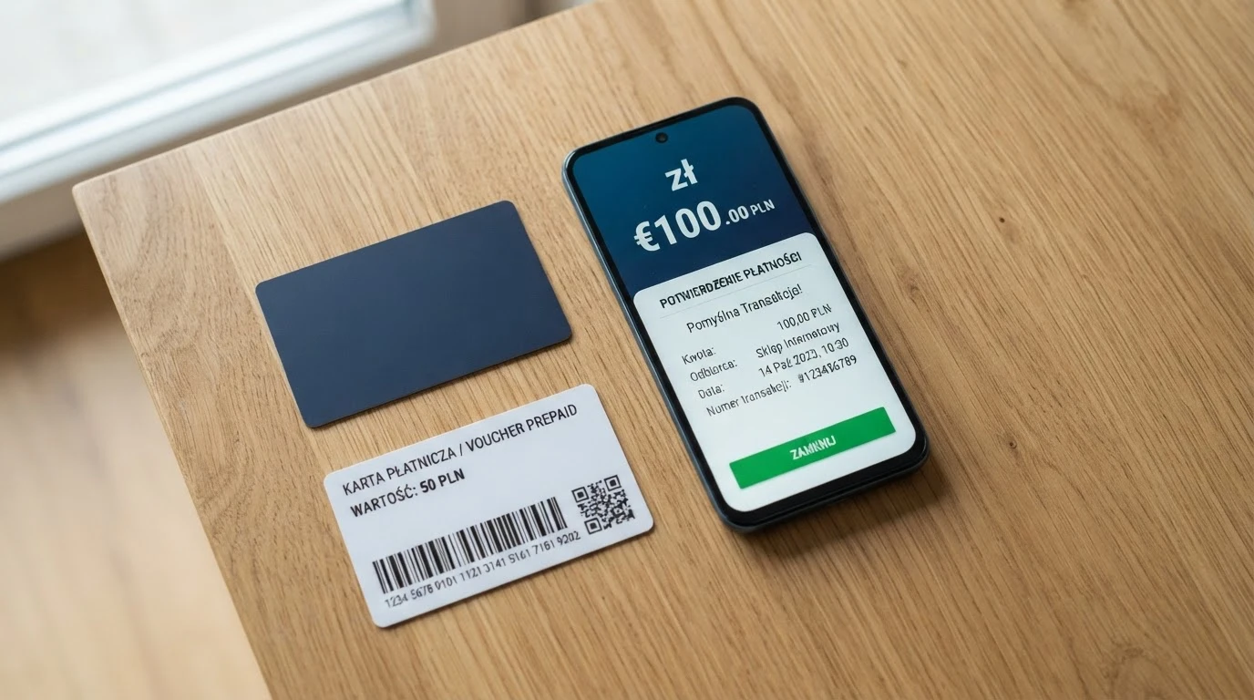 Ekran telefonu z otwartą aplikacją BLIK i widocznym kodem autoryzacyjnym — obok karta płatnicza i voucher Paysafecard