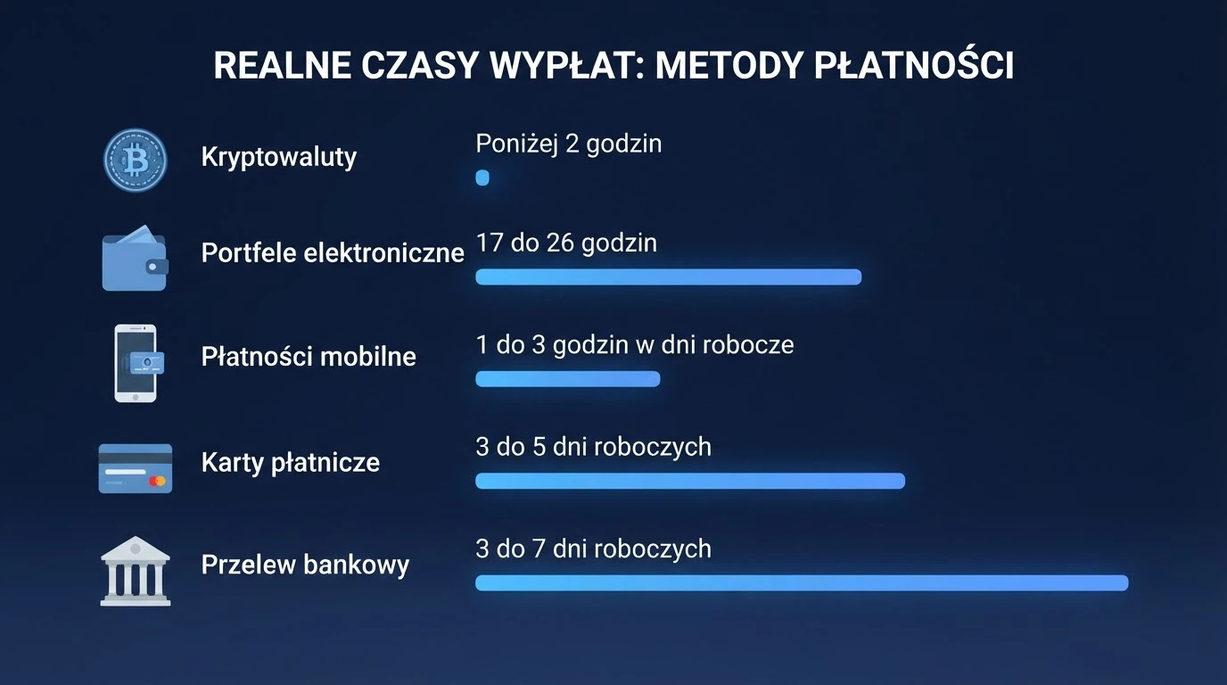 Zestawienie pięciu metod płatności (kryptowaluty, e-portfele, BLIK, karty, przelew bankowy) z osią czasu pokazującą różnice w szybkości wypłaty