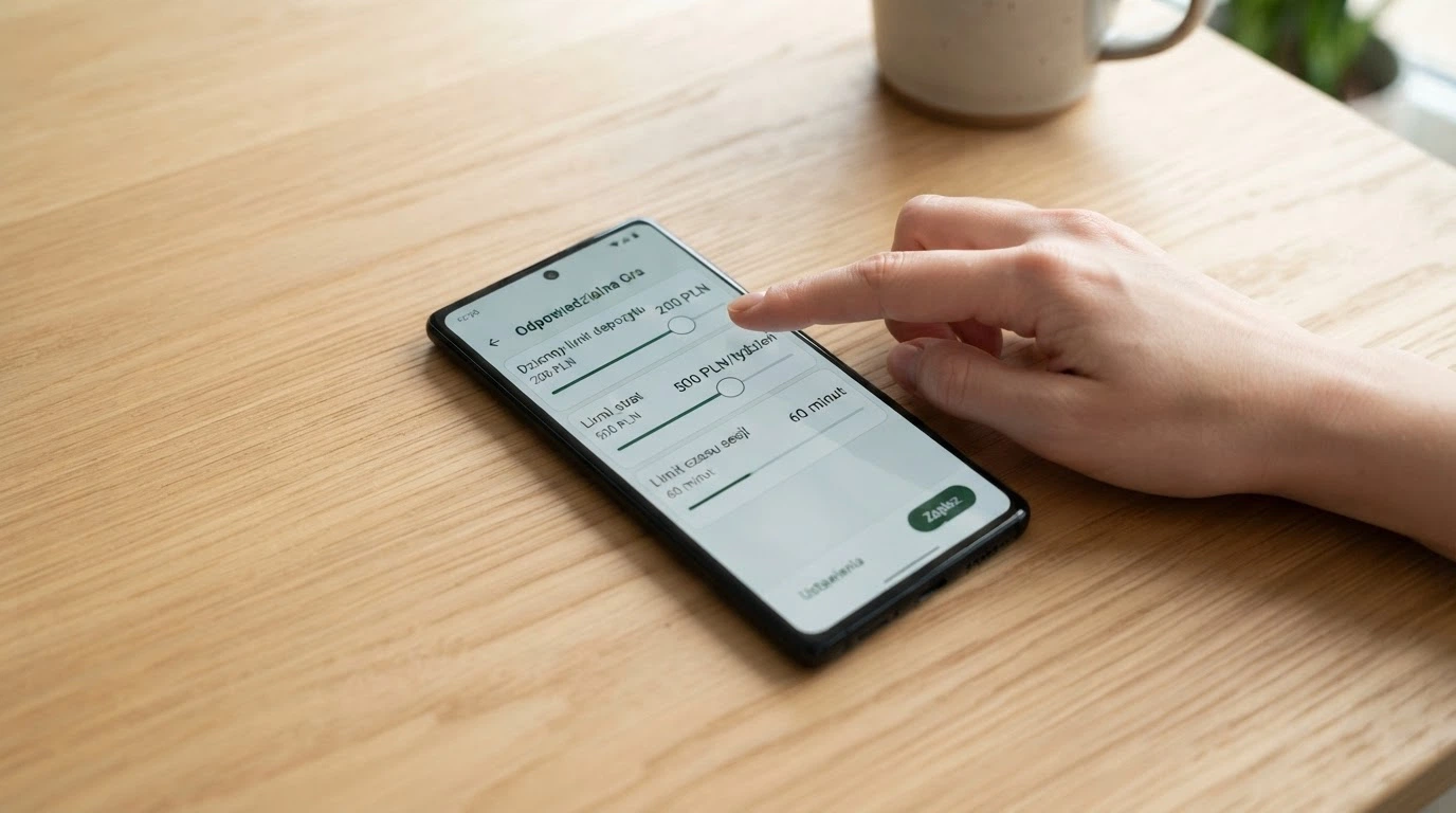 Panel ustawień limitów odpowiedzialnej gry — suwaki dziennego limitu wpłat, limitu strat i limitu czasu sesji na ekranie smartfona