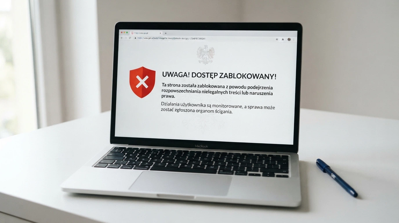 Ekran ostrzeżenia MF przed nielegalnym hazardem z widocznym adresem hazard.mf.gov.pl i komunikatem o karach