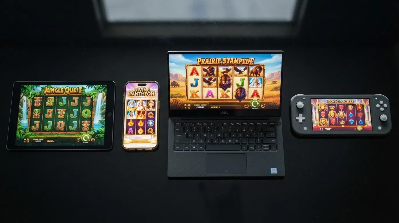 Kolaż czterech najpopularniejszych slotów Playtech — Ugga Bugga, Age of the Gods, Buffalo Blitz i White King II — z widocznymi bębnami i symbolami charakterystycznymi dla każdego tytułu