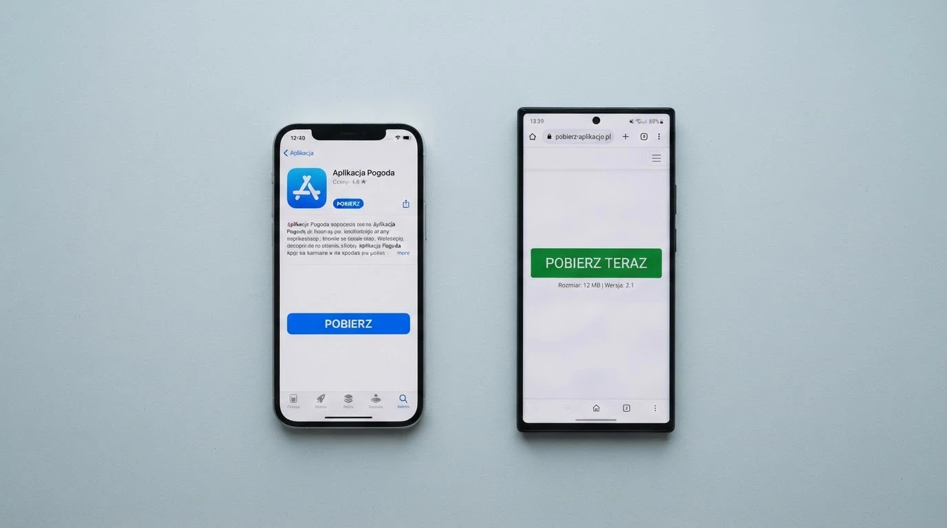 Dwa telefony obok siebie — iPhone z ekranem App Store i Android z otwartą stroną operatora i widocznym przyciskiem „Pobierz APK”