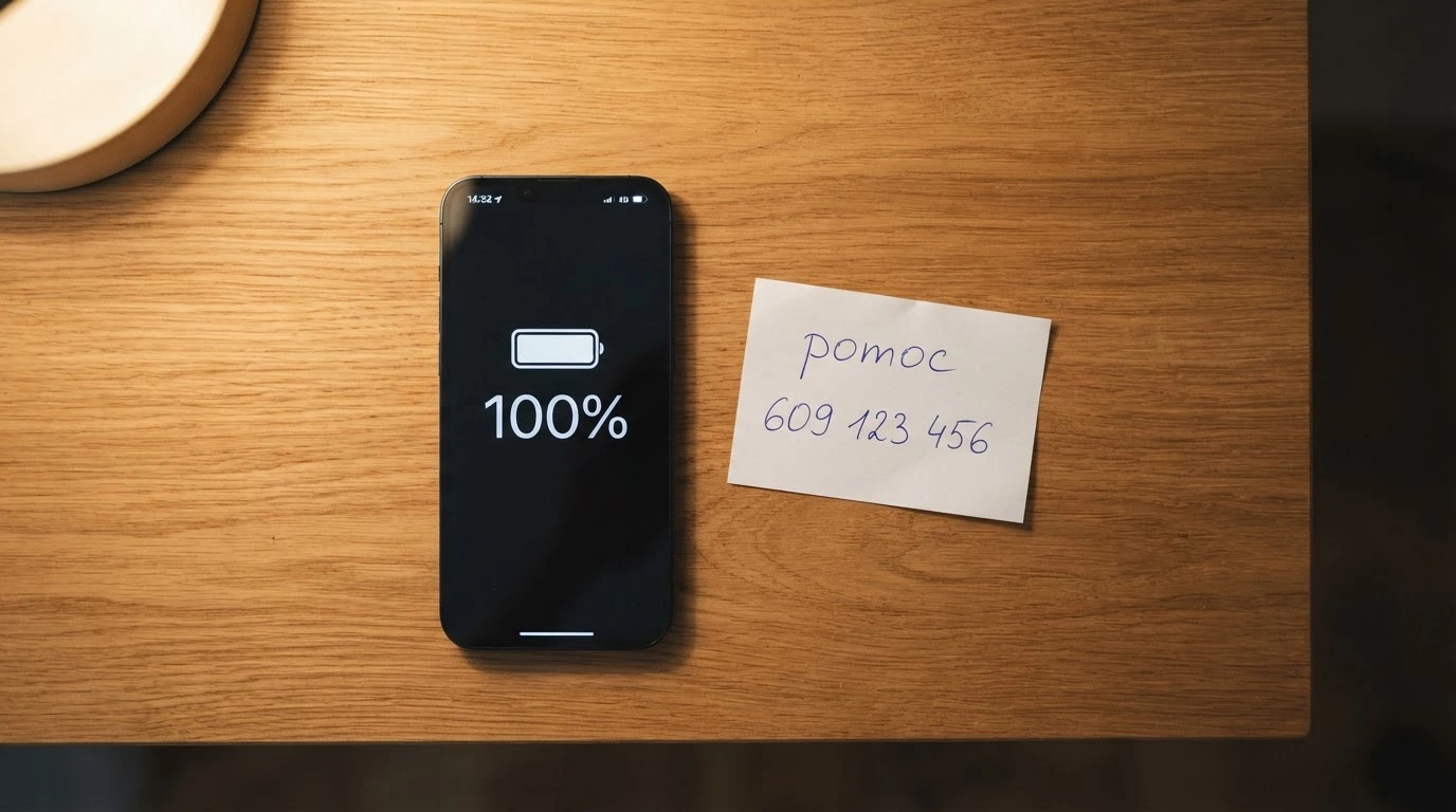 Słuchawka telefonu stacjonarnego leżąca na biurku, obok kartka z odręcznym napisem „pomoc” i numerem infolinii