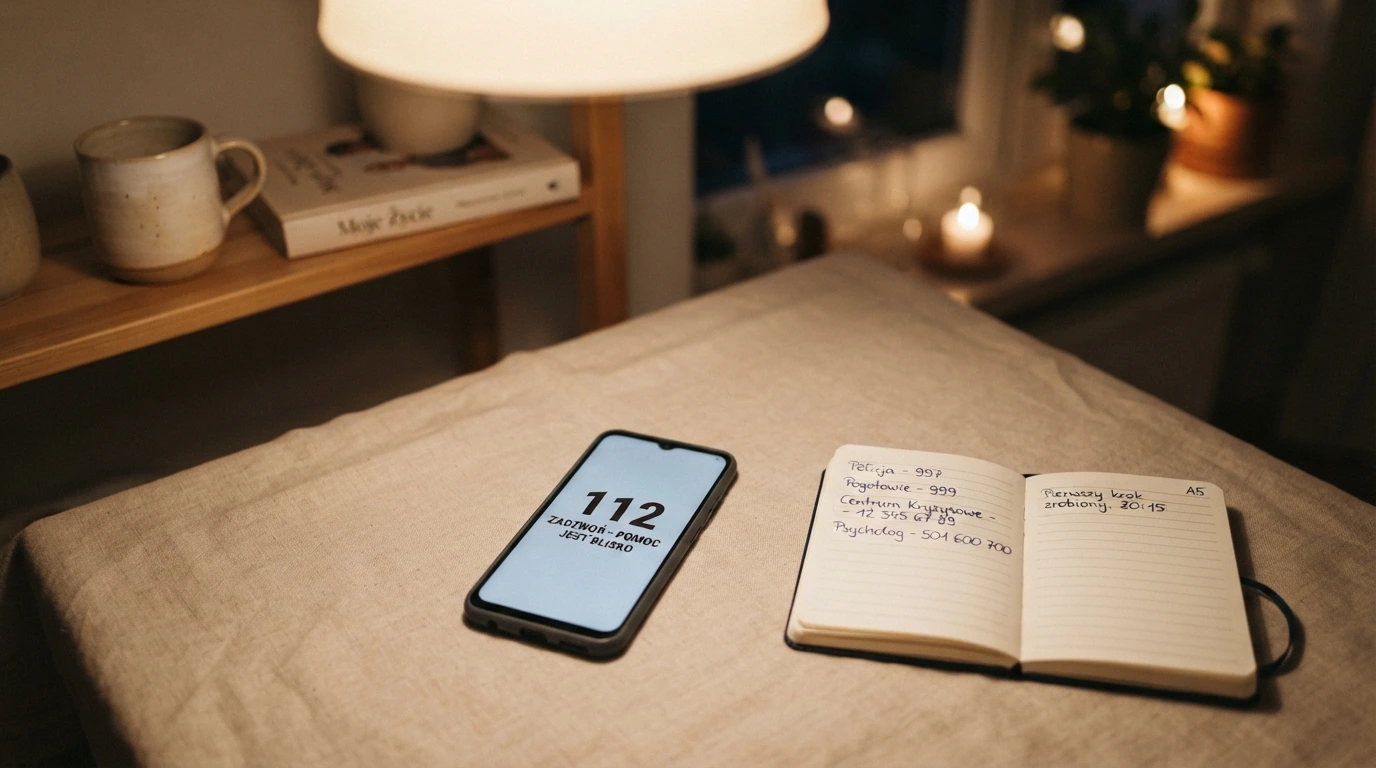 Telefon komórkowy z wyświetlonym numerem telefonu zaufania i notatnikiem z zapisanymi kontaktami do instytucji pomocowych
