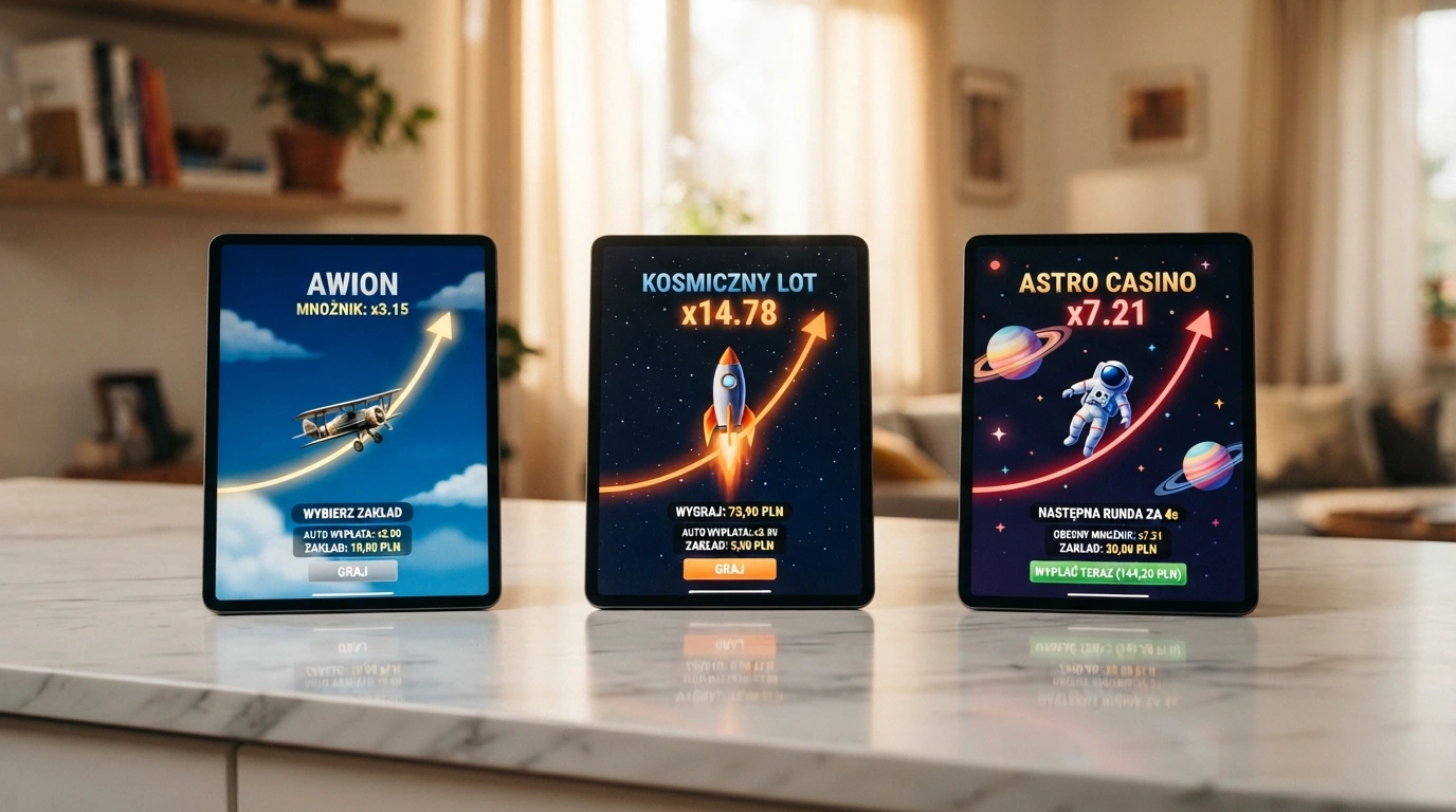 Ekrany trzech gier crash obok siebie — Aviator z samolotem, JetX z rakietą, Spaceman z astronautą
