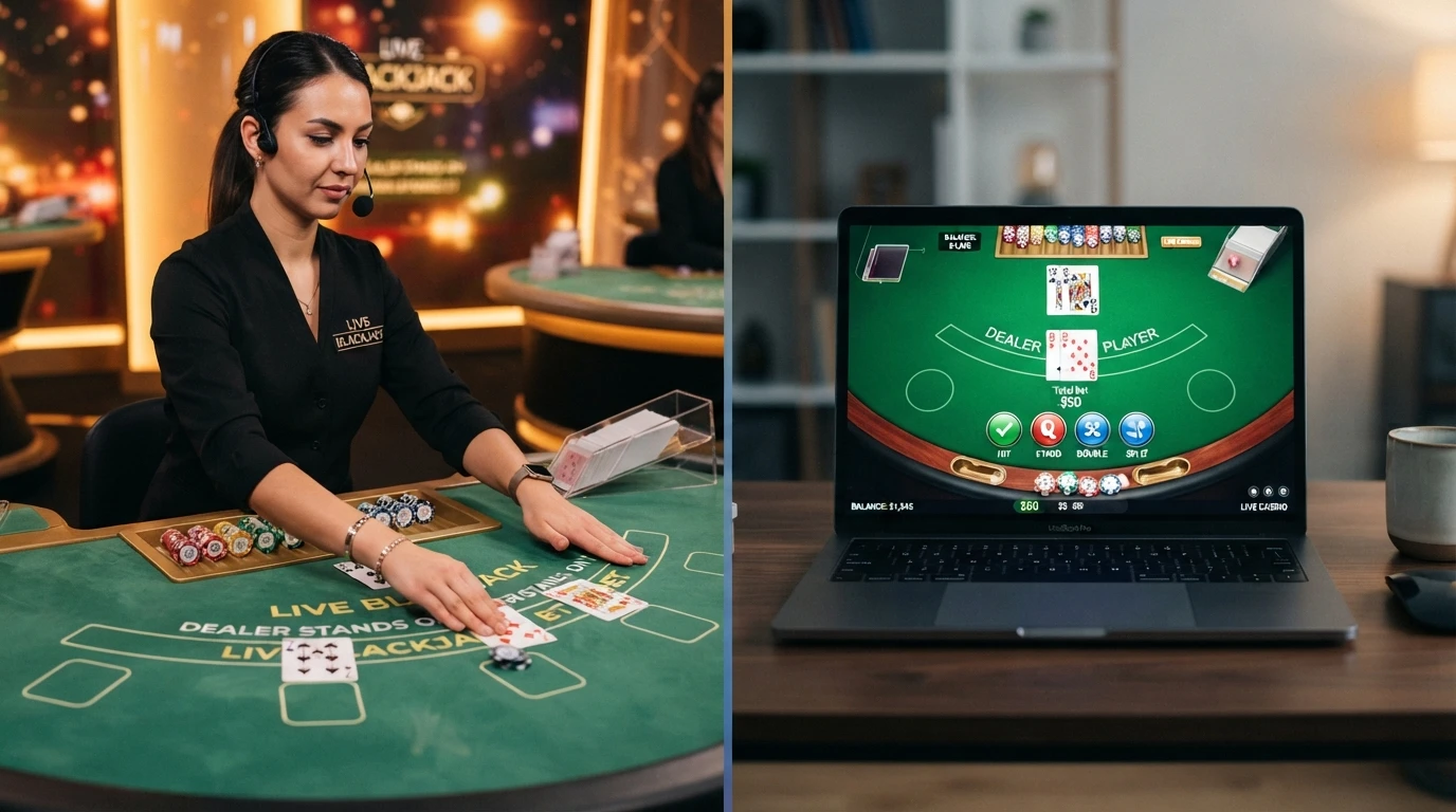 Podzielony ekran: po lewej stół live z krupierem i kartami, po prawej cyfrowy interfejs RNG z wygenerowanymi kartami