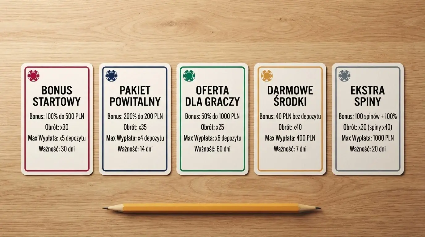 Zestawienie kart graficznych z nazwami kasyn i kluczowymi warunkami ofert 20 darmowych spinów — obrót, limit, ważność