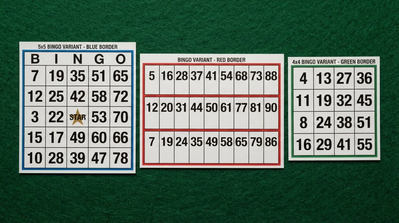 Trzy plansze bingo ułożone obok siebie: kwadratowa 5×5 z pustym środkiem, prostokątna 3×9 i kompaktowa 4×4 — każda z innym układem numerów