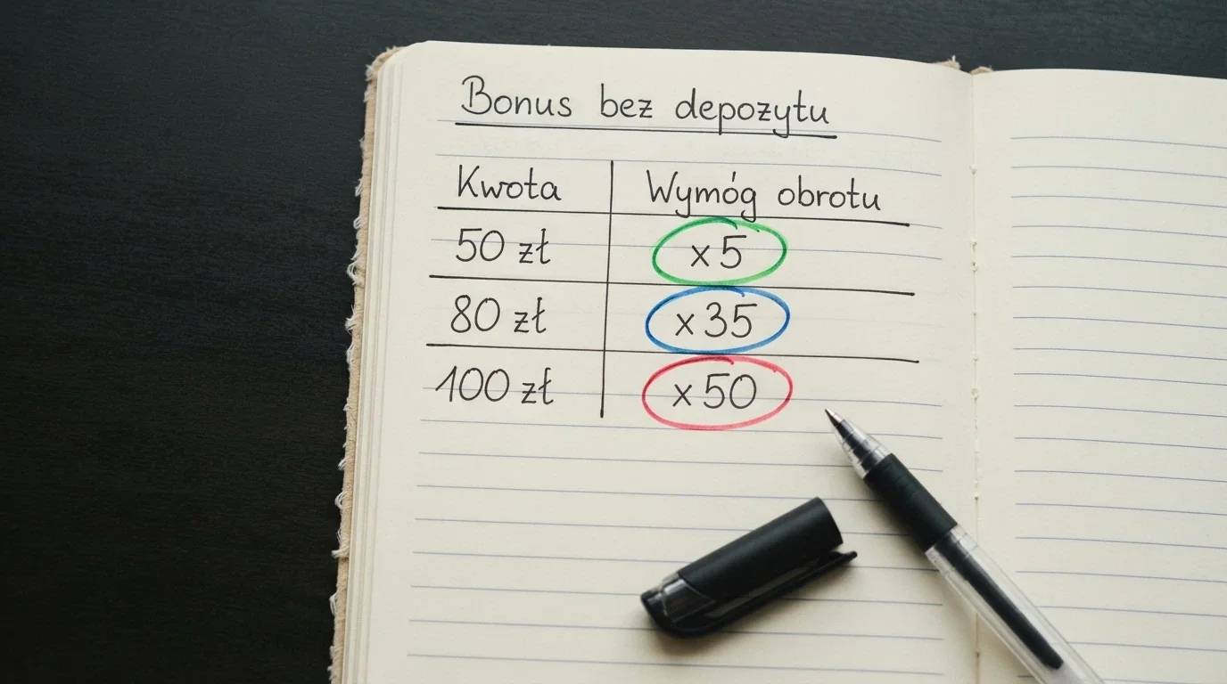Zbliżenie na kartkę z odręcznym porównaniem: wypisane kwoty bonusów 50 zł, 80 zł, 100 zł, a obok nich mnożniki wageru x5, x35, x40, x50 — różnica skali natychmiast widoczna