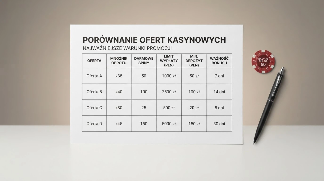 Tabela porównawcza ofert bez depozytu w nowych kasynach online z widocznymi warunkami obrotu