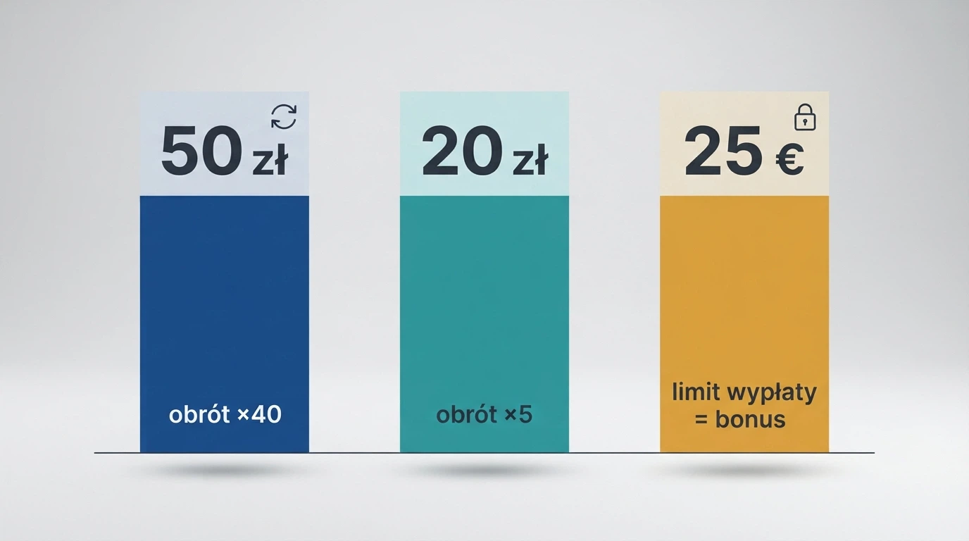 Układ graficzny porównujący trzy kolumny z kluczowymi parametrami: kwota bonusu, wymóg obrotu i maksymalna wypłata — każda kolumna oznaczona innym kolorem