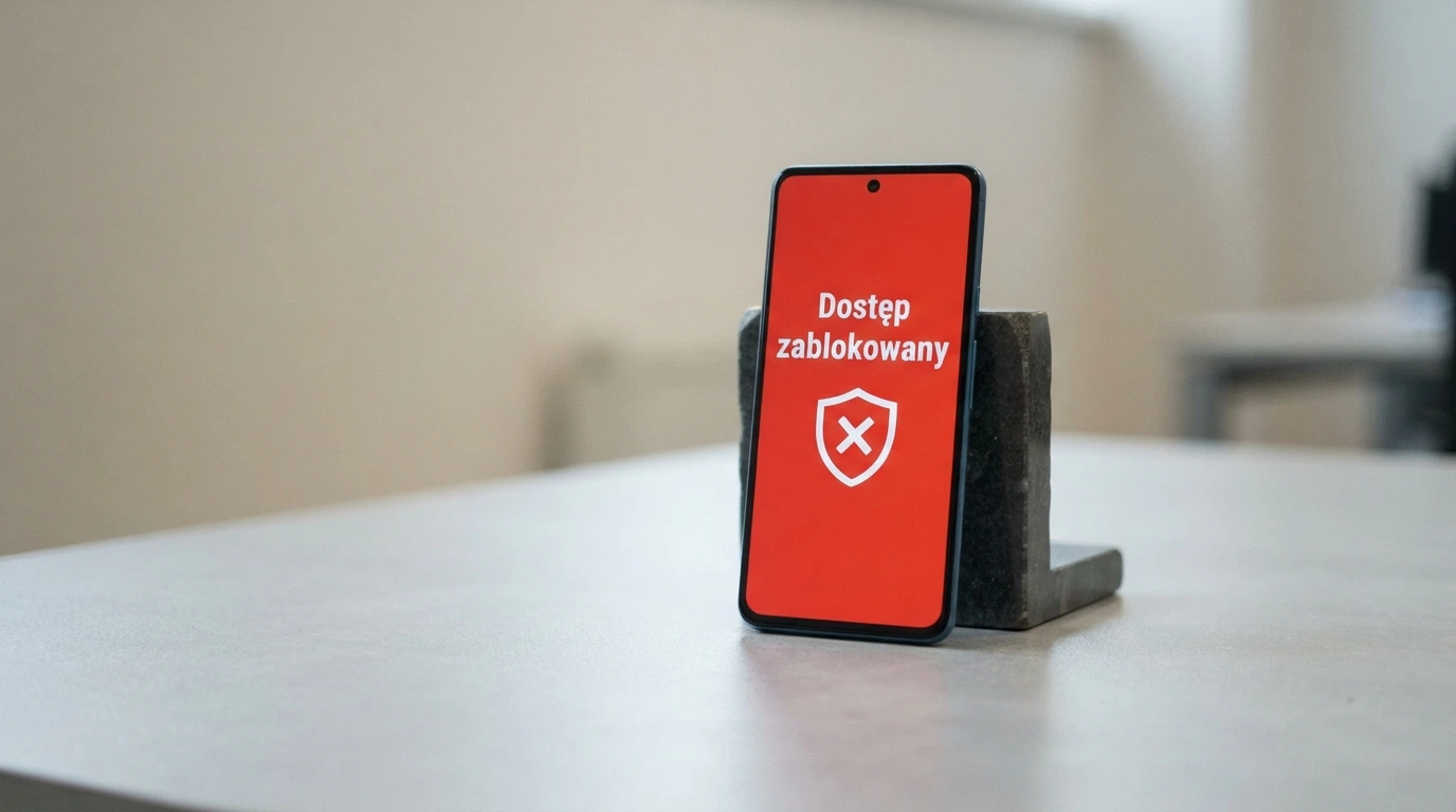 Dokument urzędowy z pieczęcią Ministerstwa Finansów obok ekranu telefonu z ostrzeżeniem o nielegalnym hazardzie