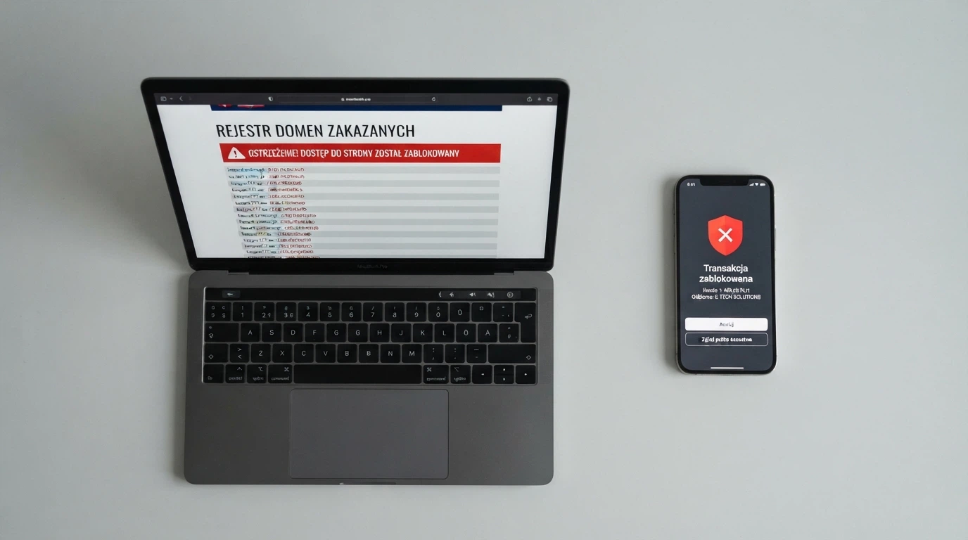 Ekran komputera z widoczną stroną hazard.mf.gov.pl — Rejestr Domen Zakazanych — a obok telefon z aplikacją BLIK i komunikatem „transakcja zablokowana”