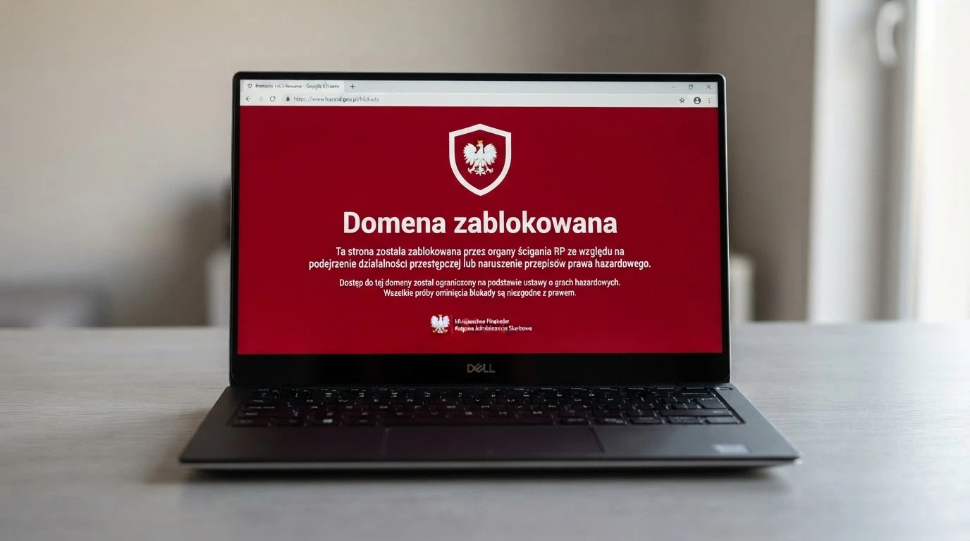 Ekran przeglądarki z komunikatem blokady domeny z Rejestru Ministerstwa Finansów na czerwonym tle
