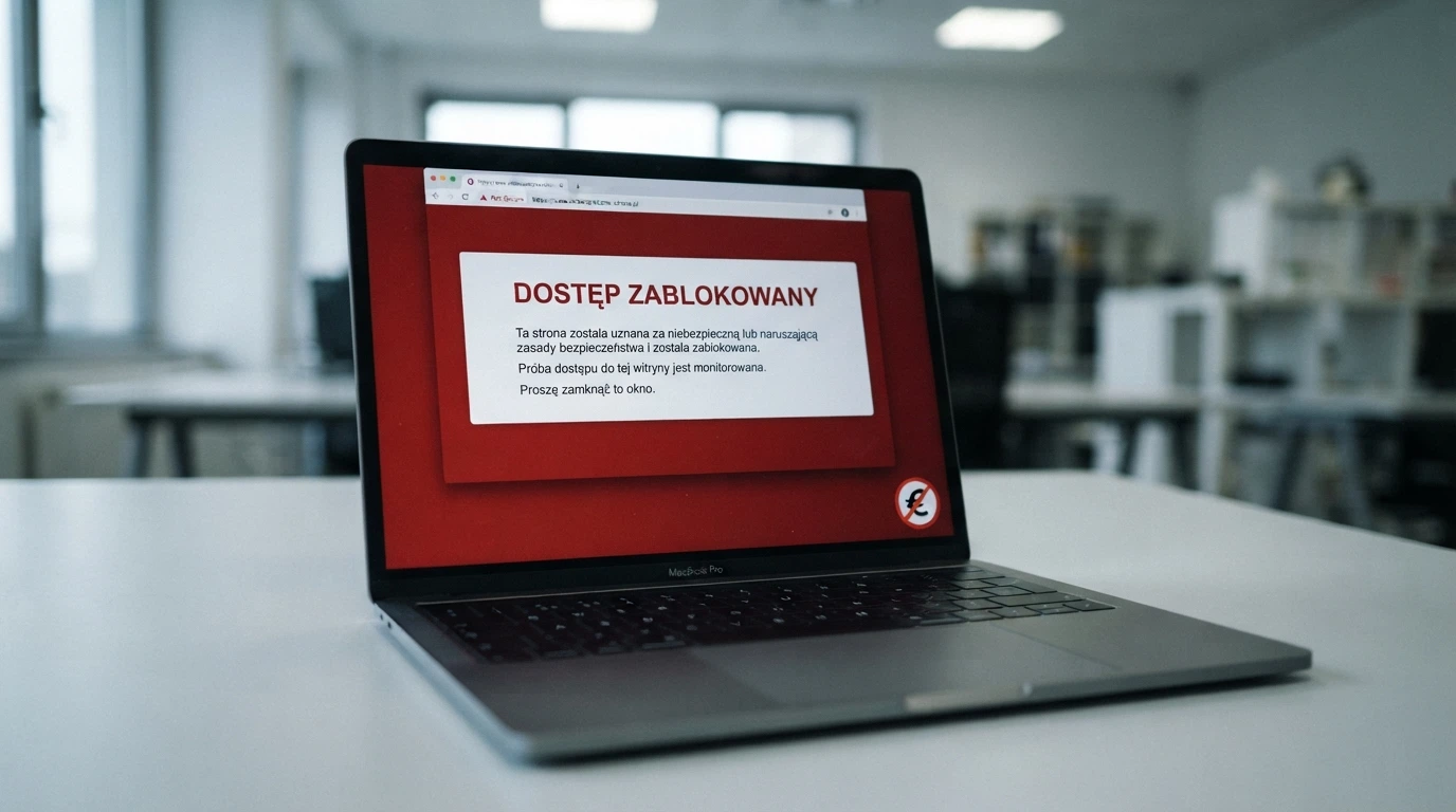 Ekran przeglądarki z komunikatem o zablokowanej domenie hazardowej i symbol BLIK-a z przekreśleniem transakcji
