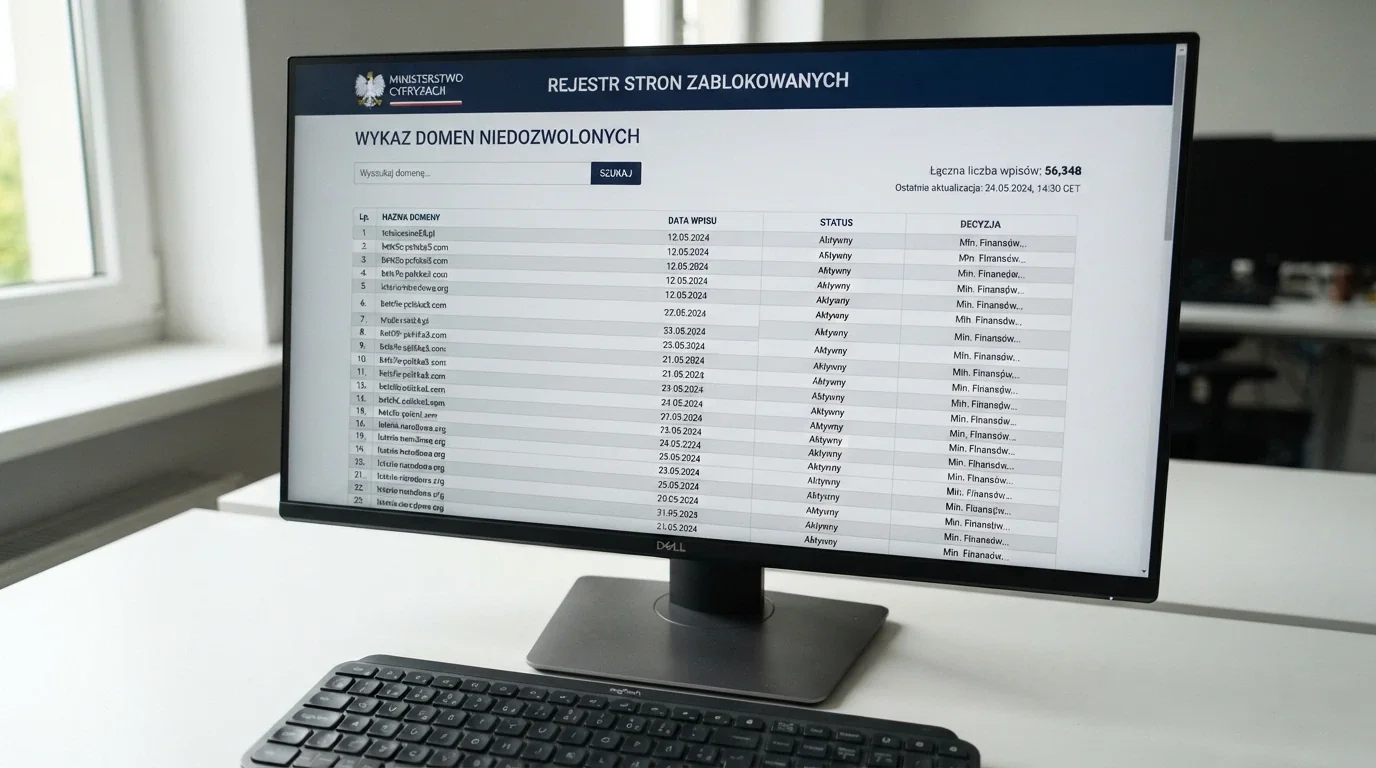 Fragment publicznego Rejestru Domen Ministerstwa Finansów na ekranie monitora, z widoczną datą ostatniej aktualizacji i liczbą wpisów przekraczającą 56 000