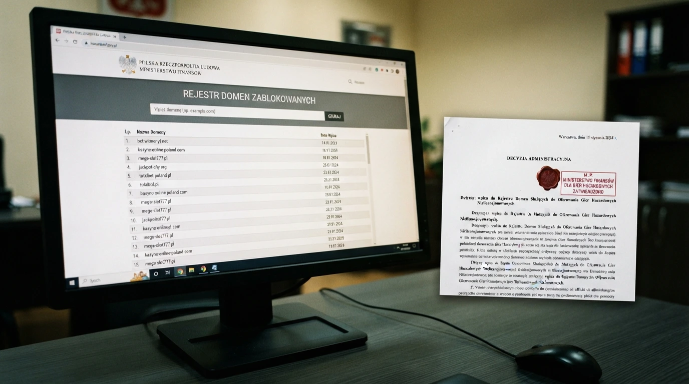 Strona hazard.mf.gov.pl na monitorze z widocznym polem wyszukiwania i listą zablokowanych domen, obok dokument z pieczęcią Ministerstwa Finansów