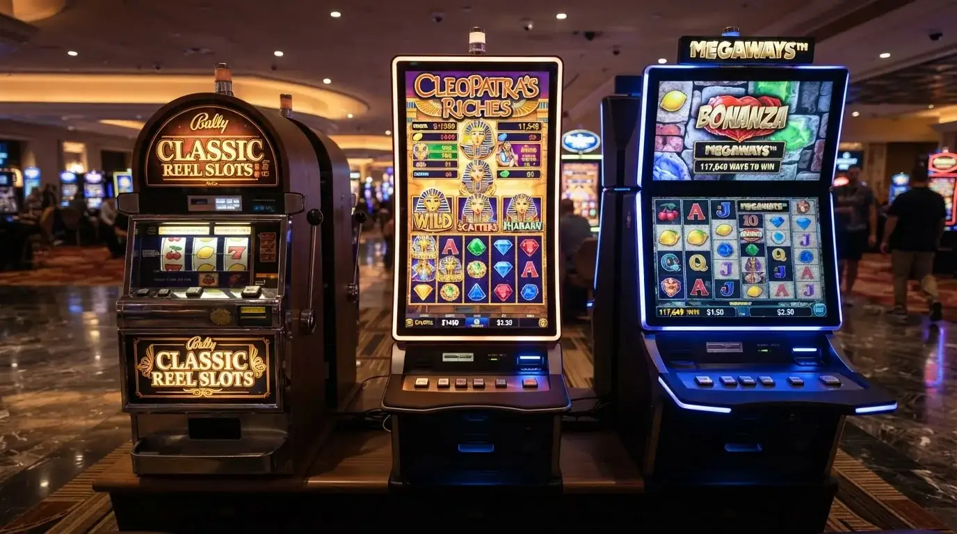 Trzy automaty obok siebie: klasyczny jednoręki bandyta z trzema bębnami i owocami, nowoczesny video slot z pięcioma bębnami i animacją, oraz slot Megaways z dynamiczną siatką symboli