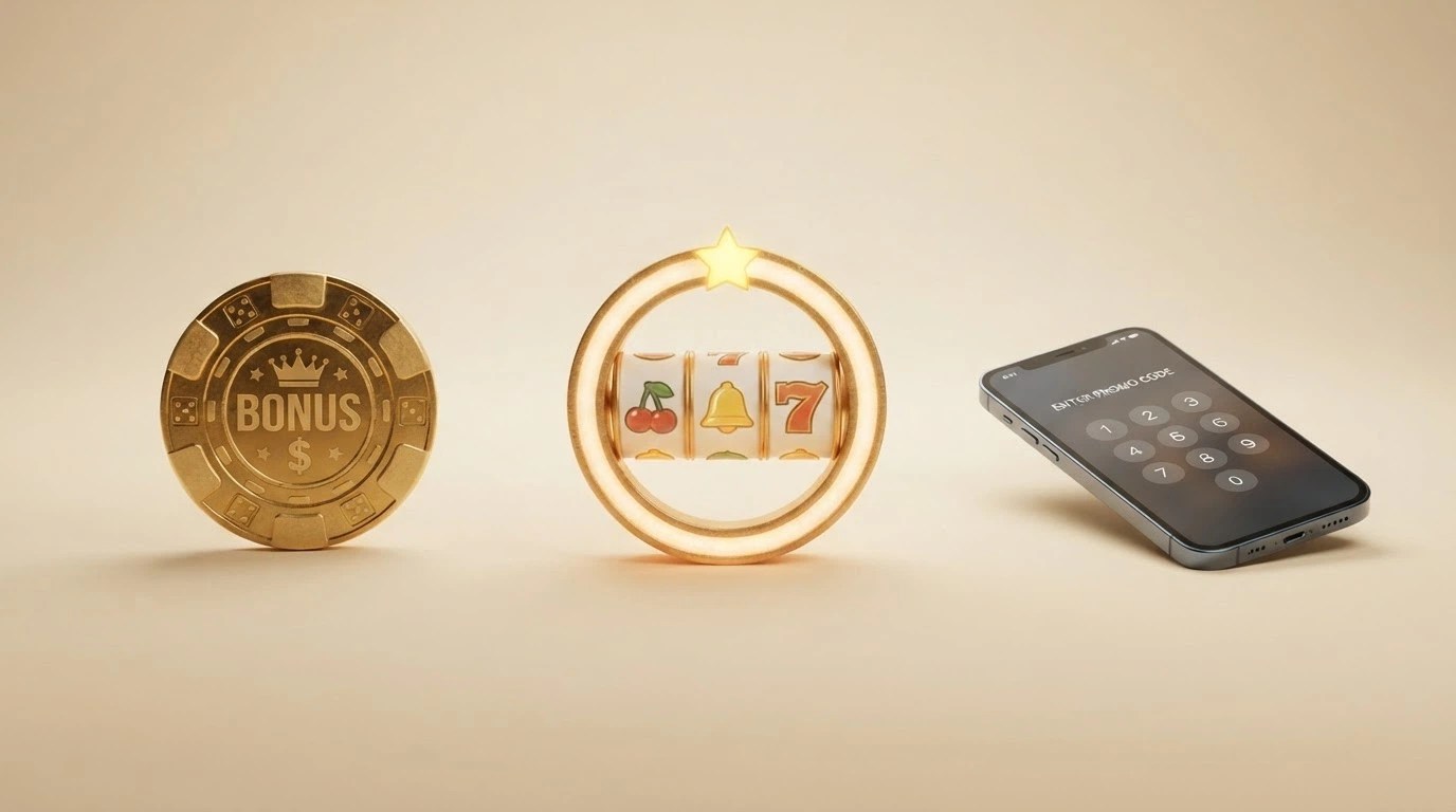 Trzy ikony obok siebie: monety z symbolem złotówki (bonus gotówkowy), koło slotu z gwiazdką (darmowe spiny) i klawiatura telefonu z kodem (bonus z kodem promocyjnym)
